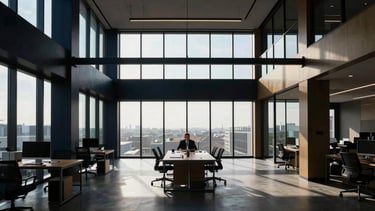 Wide cinematic shot of a modern, high-contrast architectural workspace interior, sharp natural window light casting deep shadows, minimalist design, glass and steel elements, a single desk with a focused leader in thought, off-center composition.