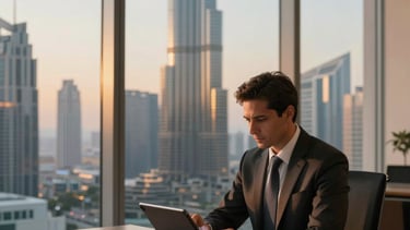 Professional photography of a high-end logistics consultation office in a Dubai skyscraper. A consultant in a professional tailored suit sits at an oak desk, focused on a tablet. Large floor-to-ceiling windows reveal a blurred view of the Burj Khalifa and modern Dubai skyline during a golden hour sunset. The room is filled with warm amber light and cool dark blue shadows. Middle Eastern / Gulf atmosphere.