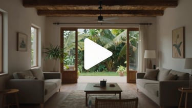 Captura de pantalla de un video de YouTube mostrando un recorrido cinematográfico por el interior de Casa Materia. Superpuesto en el centro, un ícono sutil de reproducción 'Play'. Luz natural cruzando el espacio.