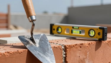 Professional photography of high-quality masonry tools like a metal trowel and spirit level resting on a clean terracotta brick wall under construction. The scene is bright and clear, reflecting expert South American craftsmanship. Natural daylight, solid construction atmosphere, with muted blue and slate tones in the background.