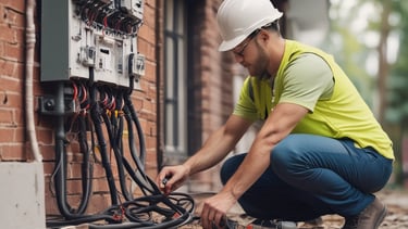 Electrician fixing wiring outdoors with tools and safety gear