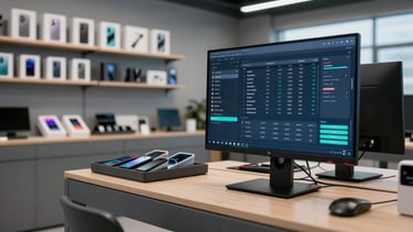 Panoramic wide-angle view of a mobile retail shop interior, a large monitor on the service counter displaying a full dark-mode operations dashboard with repair job queue, inventory levels, and daily sales figures, organised accessory trays and boxed handsets on shelves behind, cool-toned ambient indoor lighting, no people, crisp high-contrast UI visible on screen