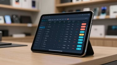 Wide close shot of a tablet propped on a mobile phone shop counter displaying a dark-mode dashboard interface with inventory rows and repair job statuses, cool ambient indoor lighting, organised device boxes visible in background shelving