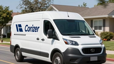 A sharp, professional photograph of a modern white courier van driving on a clean North American suburban street during a sunny day. The van has minimalist navy blue branding. The lighting is bright and clear, emphasizing a sense of speed, efficiency, and unwavering reliability.