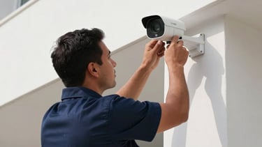 A professional security technician in a navy blue corporate uniform carefully installing a modern high-definition CCTV camera on the corner of a contemporary white building in Puerto Morelos, Mexico. The lighting is bright and clean daylight, emphasizing the sleek design of the technology and the architectural details. The overall mood is professional, secure, and reliable.