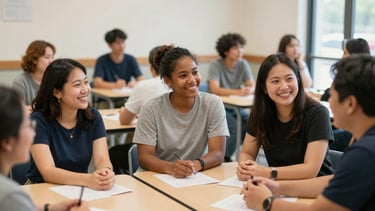 Brightly lit medium shot of a diverse group of neighbors smiling together at a local community center workshop, warm realistic tones, sharp focus, 35mm lens.