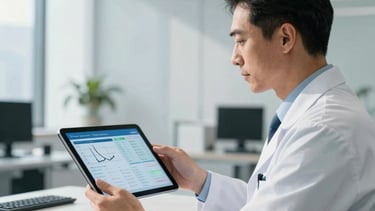 A professional health-technology expert in a modern, sunlit North American office, presenting a sleek tablet interface showing diagnostic health data. The environment is minimalist and clinical with steel blue accents, highlighting a trustworthy and innovative atmosphere.