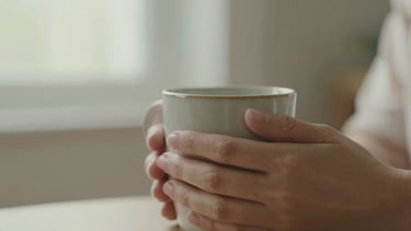 Close-up of hands resting on a warm ceramic mug, soft diffused morning light, muted earth tones, shallow depth of field, peaceful atmosphere