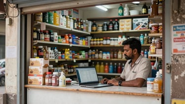 Wide environmental shot inside a small Indian retail shop at opening time, a seller seated behind the counter with a laptop showing a clean product-listing dashboard, natural daylight from the shop entrance, shelves of inventory visible in the background, shot as business documentation not lifestyle photography
