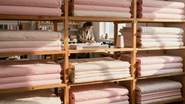 Cinematic wide shot of a sunlit textile atelier, rolls of blush pink and ivory fabrics stacked on wooden shelves, a tailor working carefully at a wooden table in the background, warm golden-hour light, 35mm