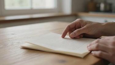 Close-up of hands gently holding an open letter on a wooden kitchen table, soft morning window light, shallow depth of field, rich tactile paper textures, muted nostalgic tones.