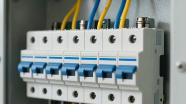 A close-up photograph of a clean, modern electrical circuit breaker panel in a North American home, with electric blue and yellow wiring neatly organized. The lighting is bright and technical, highlighting the high-quality components and safe installation style.