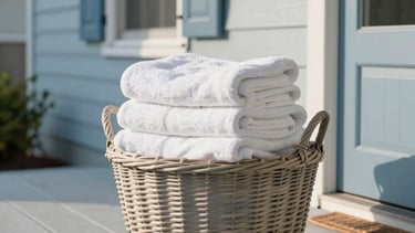 A clean, modern North American / US suburban front porch in Athens, Alabama. A neatly folded pile of white towels and linens rests inside a minimalist wicker basket on the wooden porch floor. Bright, soft morning sunlight highlights the crisp textures, conveying efficiency and freshness with a light blue and white color palette.