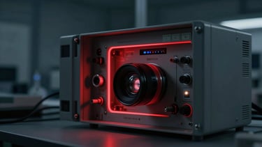 Technical instrumentation interface in a clean-room scientific testing environment, low-key dramatic lighting, crimson edge-lights, 50mm lens