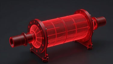 High-fidelity CAD schematic of an industrial heat exchanger, glowing crimson lines on dark charcoal background, extreme detail, 50mm lens