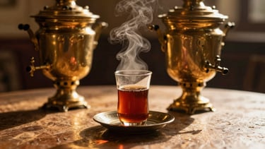 Warm atmospheric shot of traditional Afghan tea service, steam rising from a glass cup, brass samovar in the soft-focus background, golden-hour side lighting, 35mm
