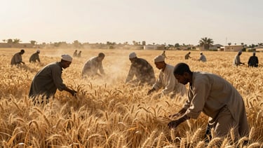 Wide environmental shot of a collaborative wheat harvest in a cooperative farm in North Africa, warm golden hour sunlight, dust particles in the air, authentic documentary style