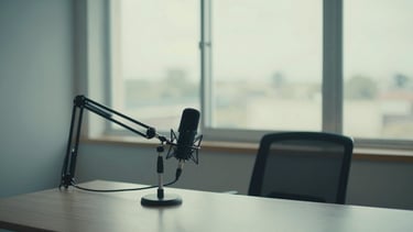 A panoramic view of a quiet, modern creative studio with soft diffused window light, a desk with a podcast microphone setup, empty chair, peaceful atmosphere, 35mm photography