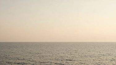 Wide panoramic shot of the ocean horizon at golden hour, soft, diffused sunlight, muted beige and alabaster tones, unpeopled, 35mm film style.