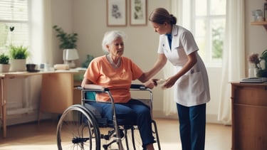 Nurse providing home care assistance to elderly patient in bright living room