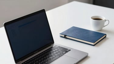 A clean, high-end photography of a modern laptop open on a white desk in a minimalist South American / Brazilian office. Beside it is a professional notebook and a cup of coffee. Soft natural morning light illuminates the scene, featuring a color palette of navy blue and slate gray, suggesting a focus on IT training and productivity.