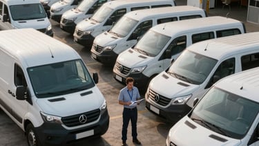 A crisp, high-angle commercial photograph of an organized South American / Brazilian logistics center. A professional fleet manager is standing near a row of clean transport vehicles, looking at a digital clipboard. The lighting is soft morning sun, highlighting the efficiency and scale of the operations. Palette colors of slate blue and charcoal are prominent in the fleet and office architecture.