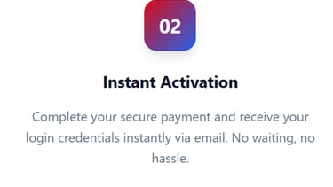 Step 02: Instant activation guide for secure payment and fast email login credentials.