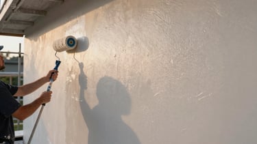 Wide panoramic shot of an exterior house wall being prepped for painting at golden morning light, a painter's hands applying primer with a roller in the left third, scaffolding and drop cloths visible, texture of the surface revealed under raking sunlight, no people's faces shown