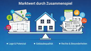 Infografik, die Faktoren zeigt, die den Marktwert beeinflussen, wie Lage, Bauqualität und Recht