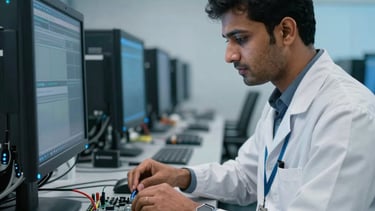 A sharp, commercial-style photograph of a modern IT service center in Amroha. A professional technician in a clean white uniform is meticulously working on a server motherboard at a sleek slate grey workstation. The room is filled with cutting-edge technology and soft deep blue ambient lighting. South Asian / Indian setting, professional and trustworthy atmosphere.
