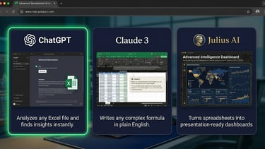 Comparison of AI tools ChatGPT, Claude 3, and Julius AI for Excel data analysis and dashboarding.