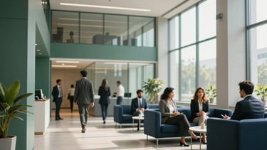 A professional South Asian / Indian modern corporate lobby with clean lines and high ceilings. Large glass windows allow soft natural sunlight to illuminate the space. In the background, a blur of diverse professionals in modern business attire hints at a bustling, efficient environment. The color palette features subtle forest green and deep navy blue accents on the walls and furniture.