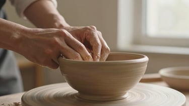 Close-up shot of artisan hands shaping a raw, unglazed terracotta bowl, soft morning window light, warm plaster background, shallow depth of field, 35mm