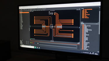 Tight high-contrast macro shot of a system terminal running real-time data pipelines on a high-end monitor in a dark room, sharp orange highlights, architectural shadows