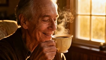 Ältere Person riecht an einer Tasse frisch gebrühtem Kaffee