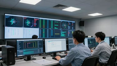 Wide environmental shot of a security operations center, two analysts reviewing live dashboard screens showing network traffic data, controlled studio lighting from overhead panels, cool even tone, precise framing, no dramatic shadows