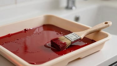 A close-up photograph of a clean, professional painting tray filled with rich bloody red paint, next to a pristine beige trim and a high-quality paintbrush, set in a bright, modern North American interior. The lighting is soft and focused, emphasizing quality and professional tools.