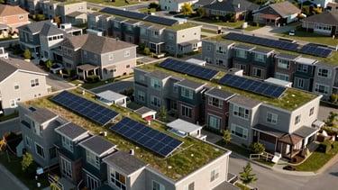 A wide shot of a sustainable residential complex in a North American suburban area. The architecture incorporates green roofs and solar panels, emphasizing the sustainable engineering solutions provided by the consultancy.