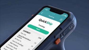Close-up of a ruggedized handheld barcode scanner displaying a QuickShip tracking interface, with a shipping label in the foreground, high-contrast cool studio light, sharp focus, 35mm lens