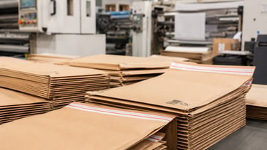 Kraft paper mailer and envelope production samples with barcode and recycling mark details