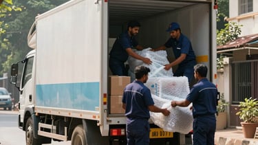 A wide-angle, eye-level photograph of a clean, white and pale blue transport truck parked in a leafy residential neighborhood in New Delhi, South Asian / Indian. A professional crew in dark blue uniforms is neatly organizing bubble-wrapped furniture and boxes inside. The lighting is bright morning sun, casting soft shadows. The atmosphere is one of organized efficiency and trustworthiness.