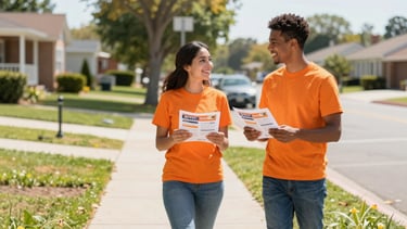 Wide environmental shot of two smiling community volunteers in orange shirts standing on a sunny suburban sidewalk, bright natural daylight, holding campaign literature, warm and optimistic
