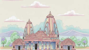Shree Mata Mansa Devi Temple concept illustration with lotus flowers and scenic background.
