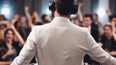 DJ mixing music at a wedding reception with guests dancing happily.