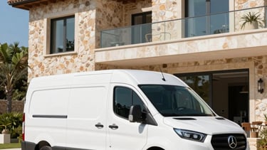 A professional white service van with clean branding parked in front of a modern luxury villa with stone walls, Southern European French Riviera style. Bright natural lighting, clear blue sky, sharp focus on technical reliability and prestige.