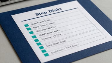 Flat technical blueprint layout of a step-by-step checklist, sharp borders, teal active checkboxes, navy background, clean vector style, no people, minimalist composition.