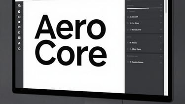 A sleek, minimalist digital interface displayed on a premium monitor in a modern studio. The UI features high-contrast typography and sophisticated layout structures consistent with the Aero Core brand.