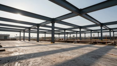 Wide panoramic architectural framing of a commercial construction site at crisp morning light, structural steel beams exposed, high-contrast shadows, highly organized.
