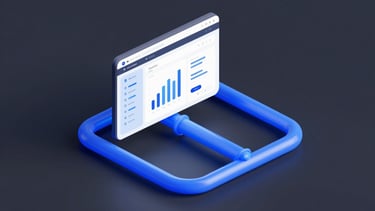 Isometric 3D digital render of a sleek, glowing blue pipeline connecting a modern website interface directly to a fast analytics dashboard, dark slate background, soft studio glow