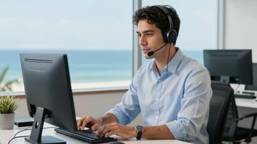 A professional South American / Brazilian office interior focused on remote condominium management services. A specialist wearing a sleek headset is working at a clean, modern desk. The scene is bright and calm with ocean blue and mist white accents, reflecting a mood of reliable and high-quality tele-attendance service.